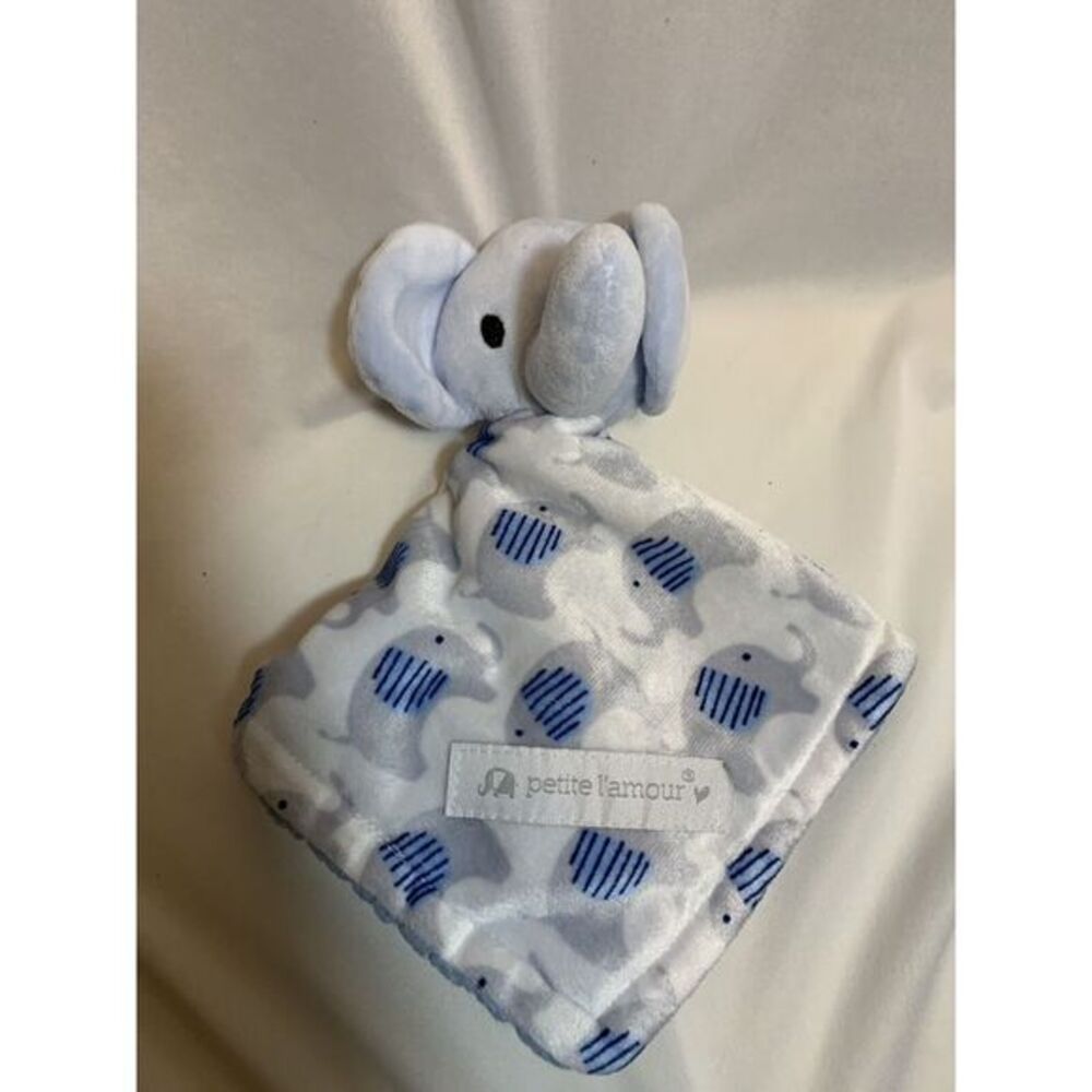Petite L'Amour Blue White Gray Elephant Plush Security Blanket Lovey Lovie Grey